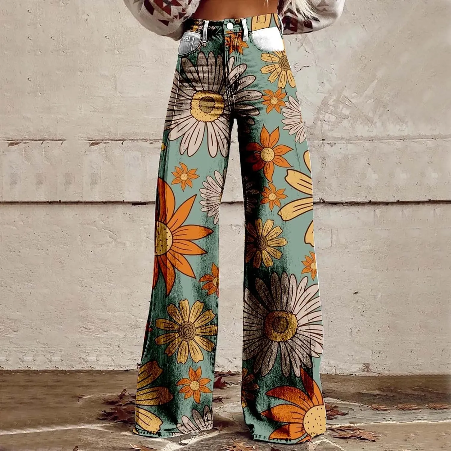 Womens Fashion Trousers Wide Leg High Waist Button Down Loose Cute Printed Long Trousers Going Out Party Stretch Pants