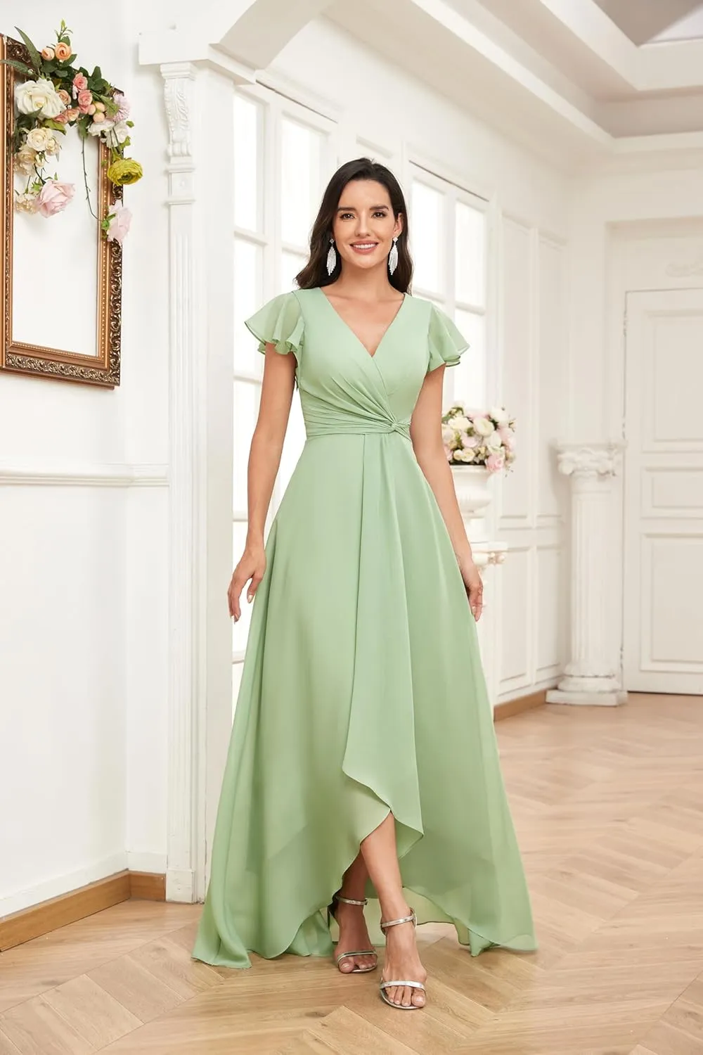 Women's High Low V-Neck Bridesmaid Dresses with Sleeves for Wedding Long Chiffon Formal Dress