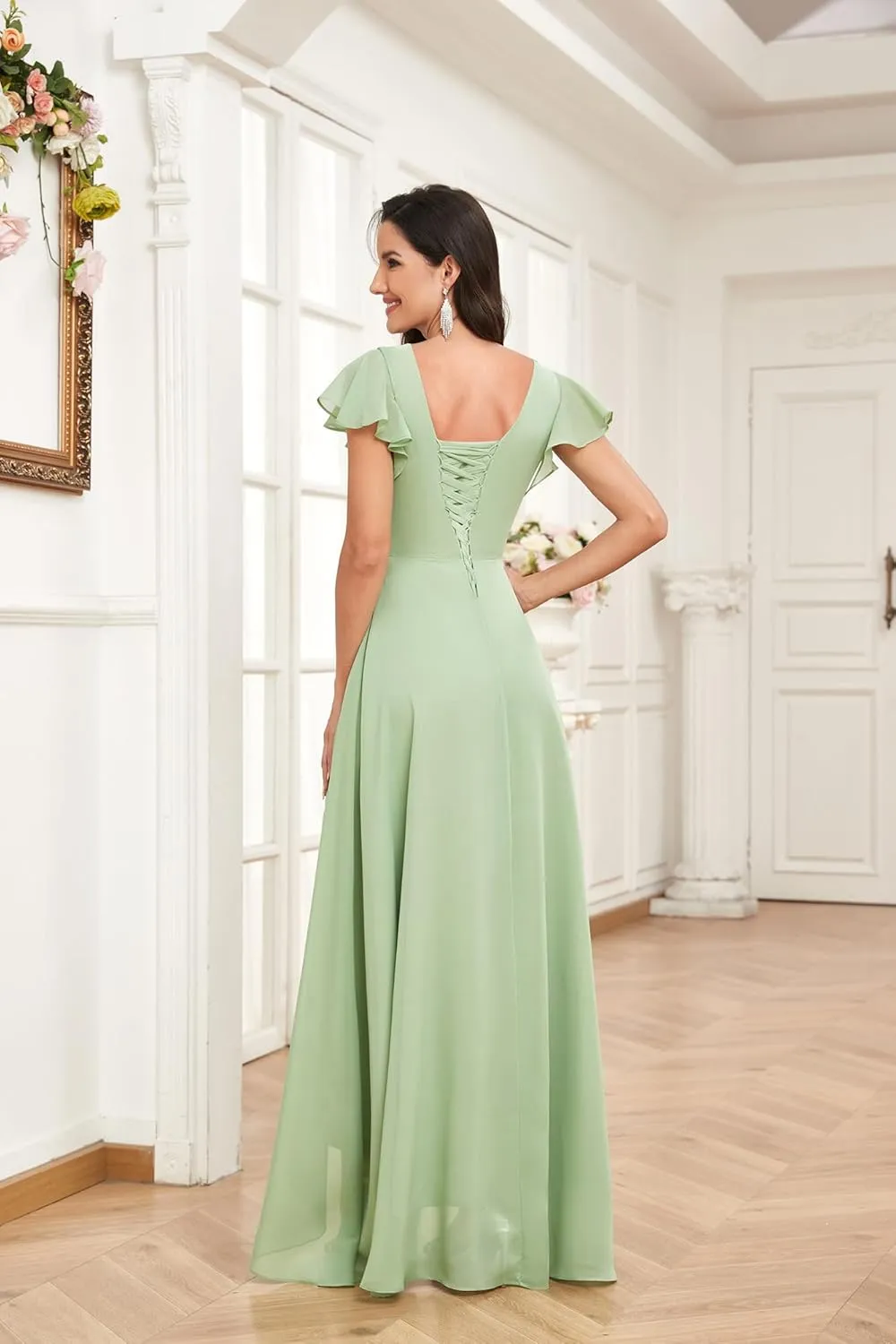 Women's High Low V-Neck Bridesmaid Dresses with Sleeves for Wedding Long Chiffon Formal Dress