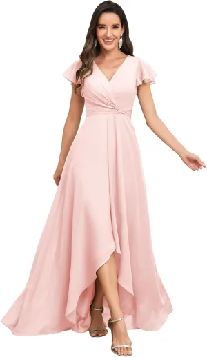 Women's High Low V-Neck Bridesmaid Dresses with Sleeves for Wedding Long Chiffon Formal Dress