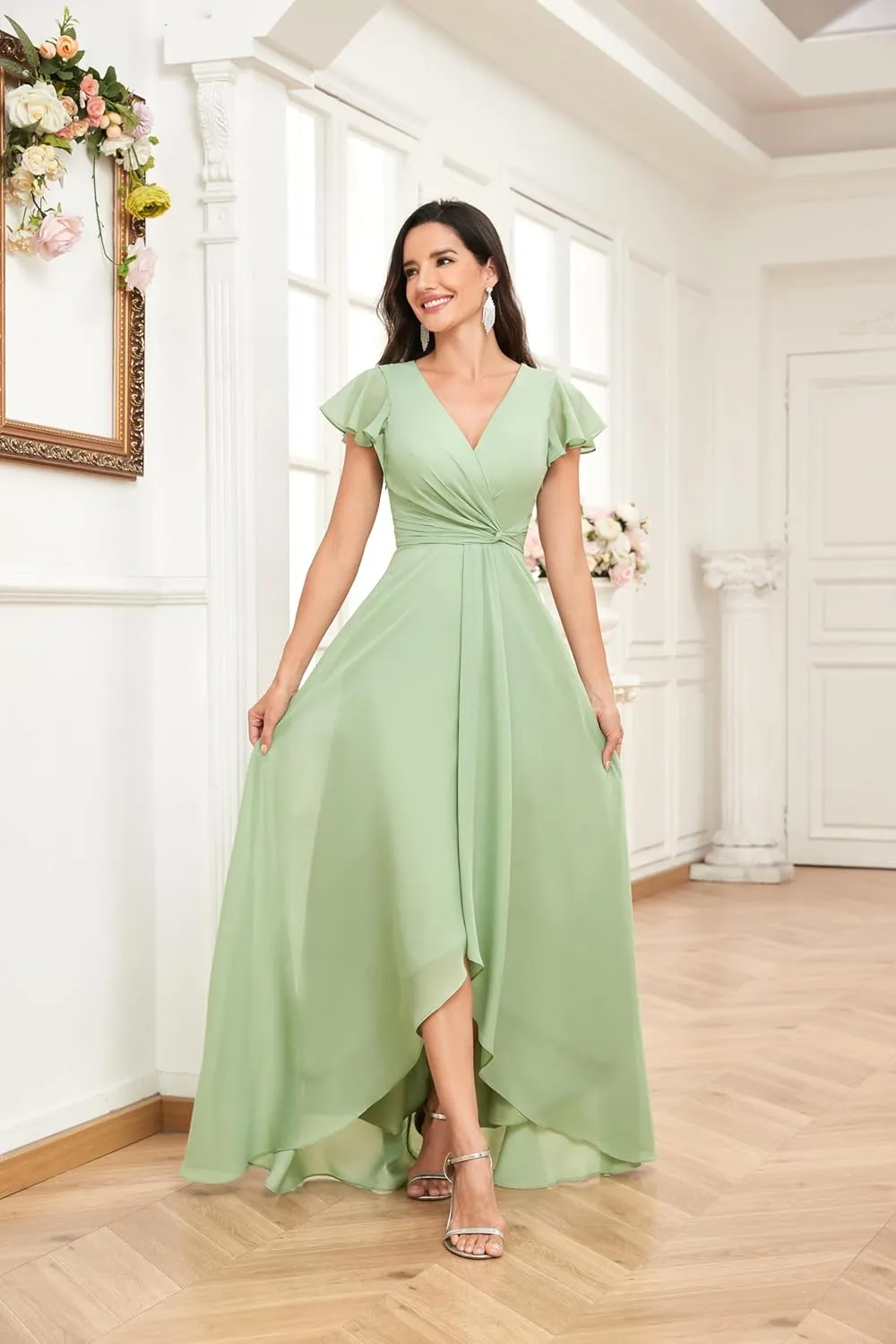 Women's High Low V-Neck Bridesmaid Dresses with Sleeves for Wedding Long Chiffon Formal Dress