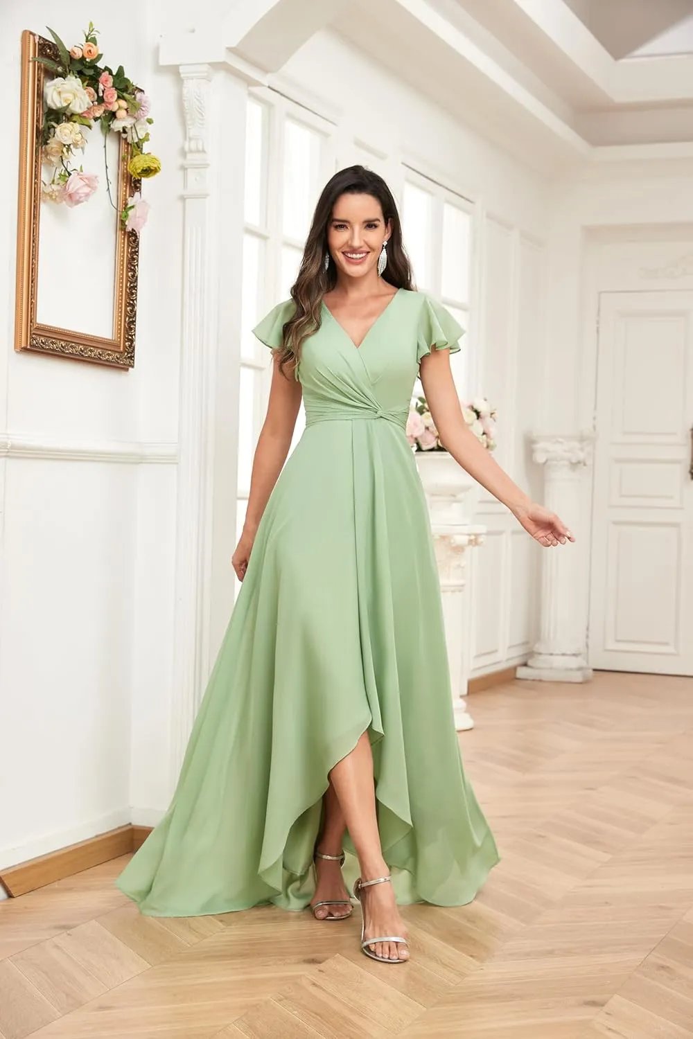 Women's High Low V-Neck Bridesmaid Dresses with Sleeves for Wedding Long Chiffon Formal Dress