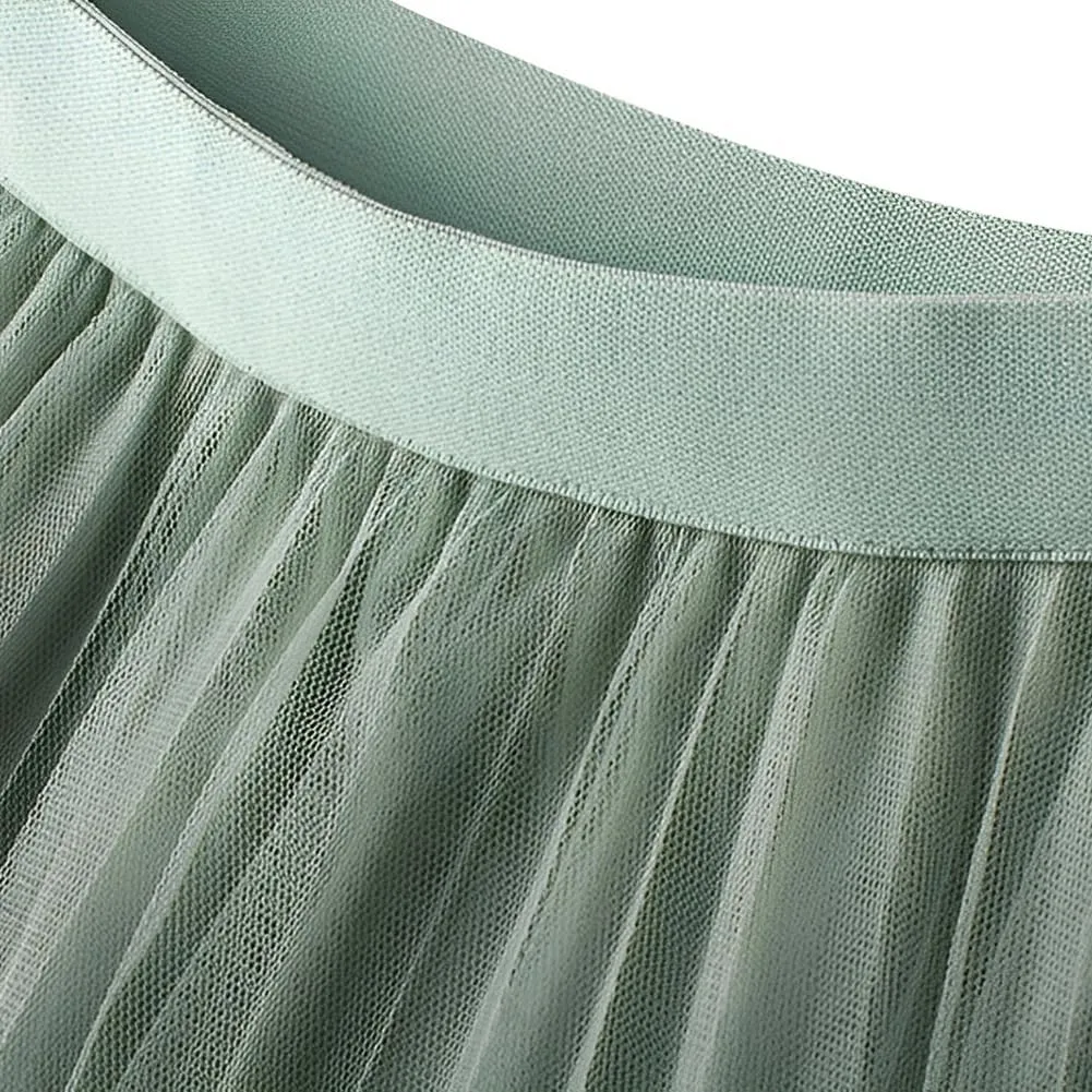 Women's High Waist Flowy Pleated Maxi Skirt Women's Tulle Skirt Elastic Layered Pleated Mesh Flowy A-line Midi Skirt, Green