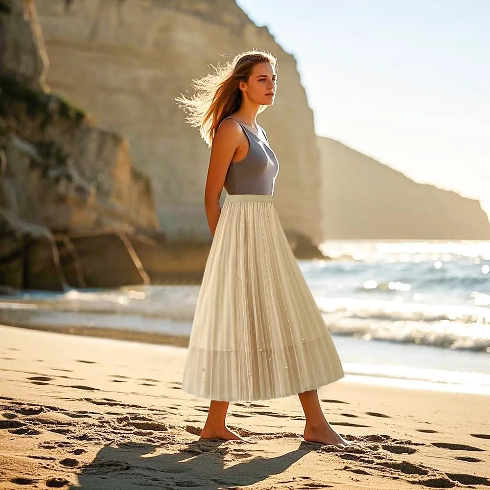 Women's High Waist Flowy Pleated Maxi Skirt Women's Tulle Skirt Elastic Layered Pleated Mesh Flowy A-line Midi Skirt, Green