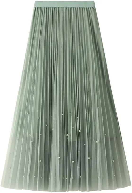 Women's High Waist Flowy Pleated Maxi Skirt Women's Tulle Skirt Elastic Layered Pleated Mesh Flowy A-line Midi Skirt, Green