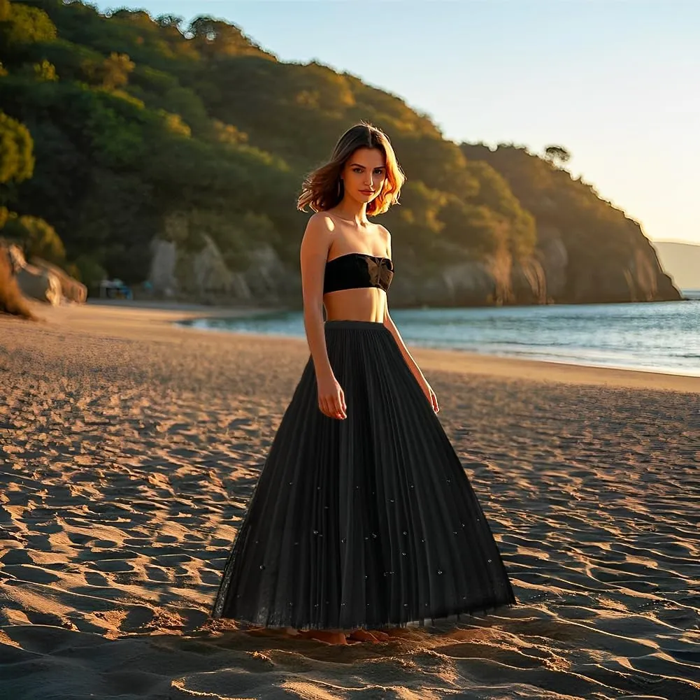Women's High Waist Flowy Pleated Maxi Skirt Women's Tulle Skirt Elastic Layered Pleated Mesh Flowy A-line Midi Skirt, Green