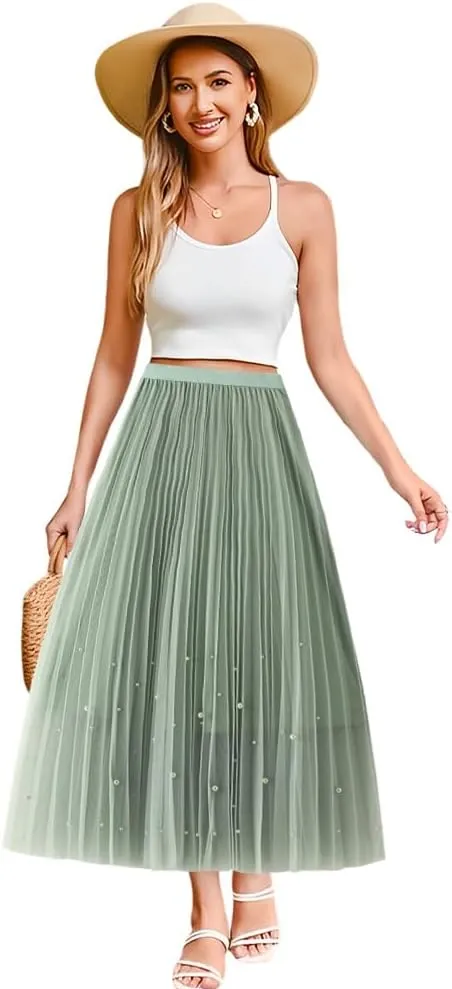 Women's High Waist Flowy Pleated Maxi Skirt Women's Tulle Skirt Elastic Layered Pleated Mesh Flowy A-line Midi Skirt, Green
