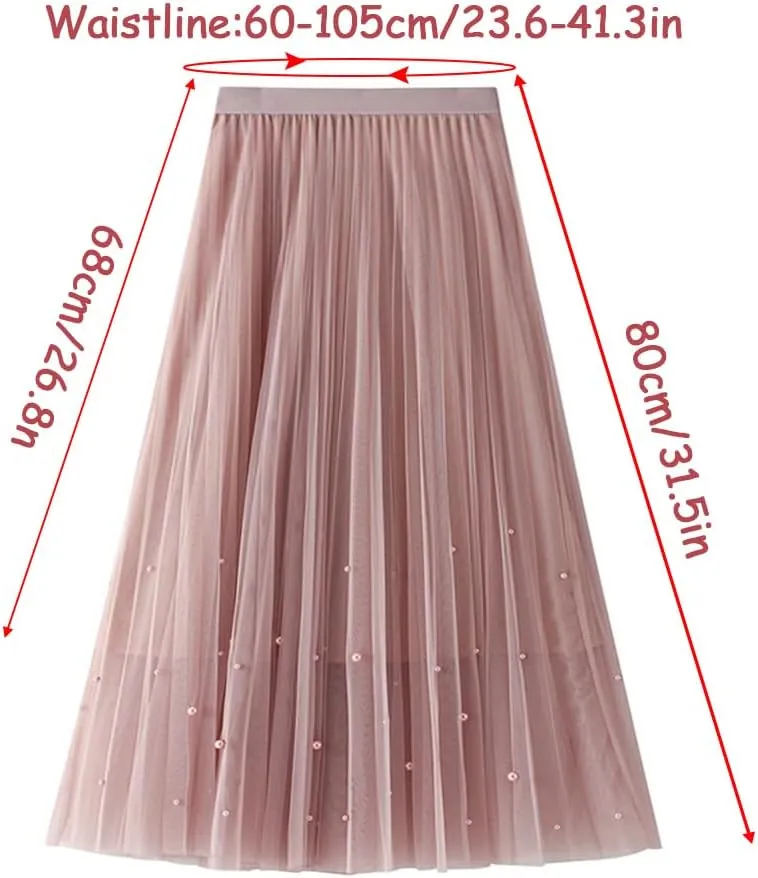 Women's High Waist Flowy Pleated Maxi Skirt Women's Tulle Skirt Elastic Layered Pleated Mesh Flowy A-line Midi Skirt, Green