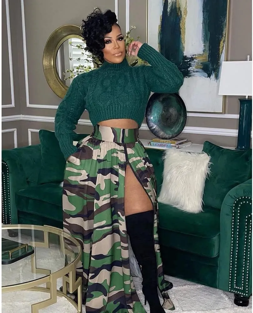 Women's High Waist Zipper Up Split Skirt Camouflage Print Casual Party Club Night Out Maxi Skirt
