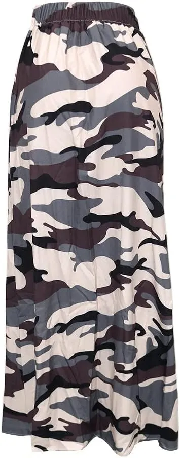 Women's High Waist Zipper Up Split Skirt Camouflage Print Casual Party Club Night Out Maxi Skirt
