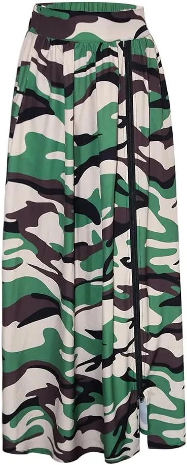 Women's High Waist Zipper Up Split Skirt Camouflage Print Casual Party Club Night Out Maxi Skirt