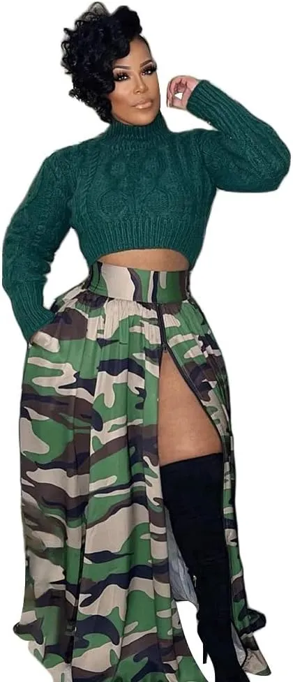 Women's High Waist Zipper Up Split Skirt Camouflage Print Casual Party Club Night Out Maxi Skirt