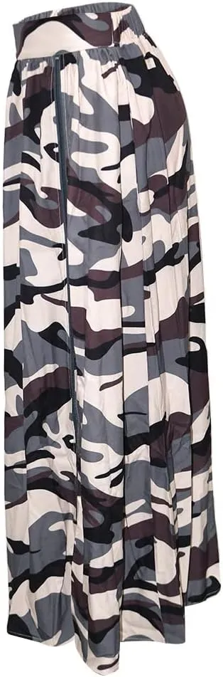 Women's High Waist Zipper Up Split Skirt Camouflage Print Casual Party Club Night Out Maxi Skirt