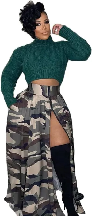 Women's High Waist Zipper Up Split Skirt Camouflage Print Casual Party Club Night Out Maxi Skirt