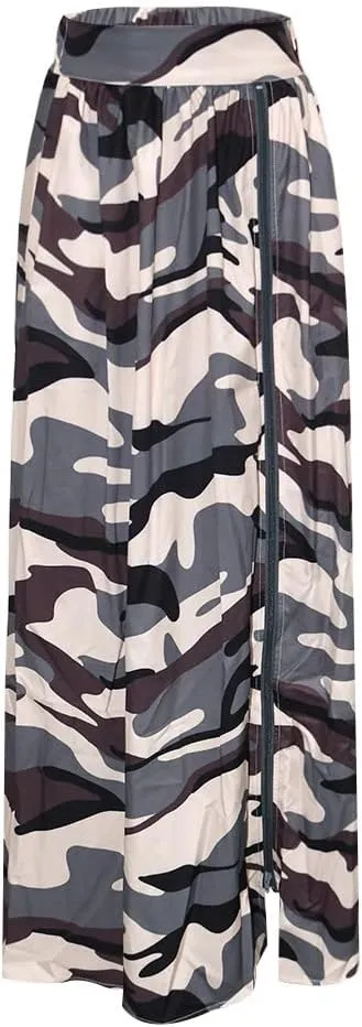 Women's High Waist Zipper Up Split Skirt Camouflage Print Casual Party Club Night Out Maxi Skirt