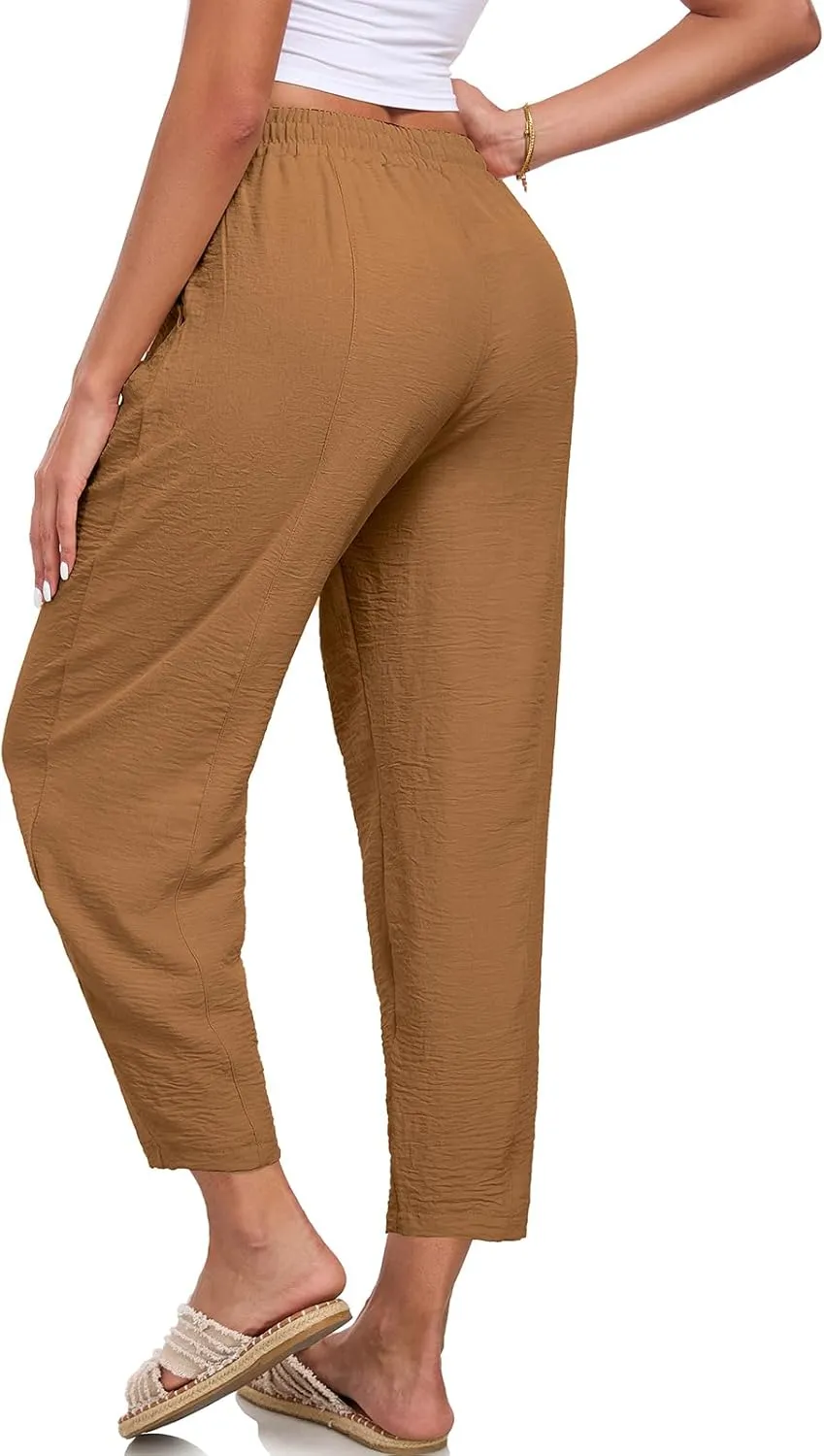 Womens High Waisted Baggy Pants Drawstring Elastic Waisted Ankle Length Pants Palazzo Casual Trouser with Pockets