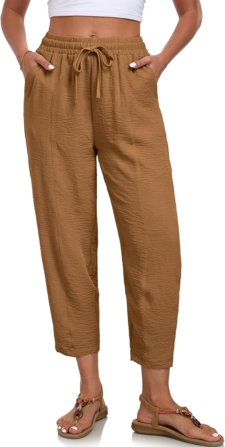Womens High Waisted Baggy Pants Drawstring Elastic Waisted Ankle Length Pants Palazzo Casual Trouser with Pockets