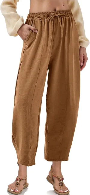 Womens High Waisted Baggy Pants Drawstring Elastic Waisted Ankle Length Pants Palazzo Casual Trouser with Pockets