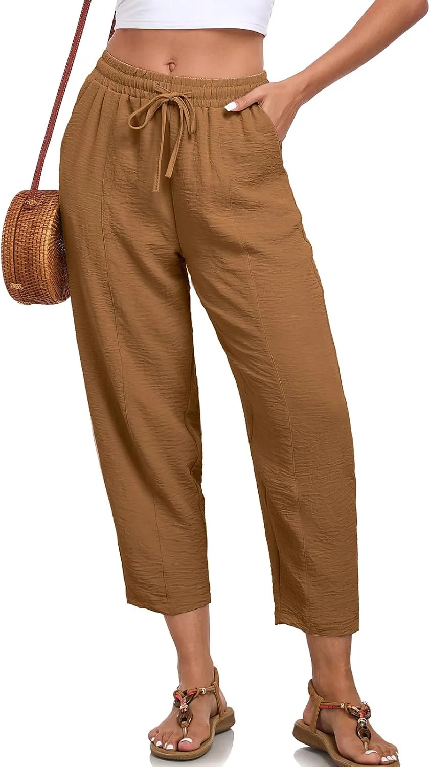 Womens High Waisted Baggy Pants Drawstring Elastic Waisted Ankle Length Pants Palazzo Casual Trouser with Pockets