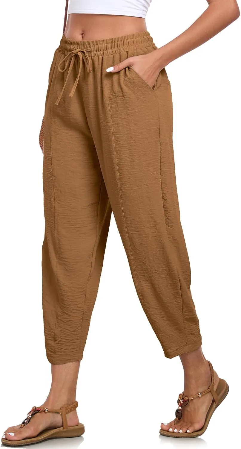 Womens High Waisted Baggy Pants Drawstring Elastic Waisted Ankle Length Pants Palazzo Casual Trouser with Pockets