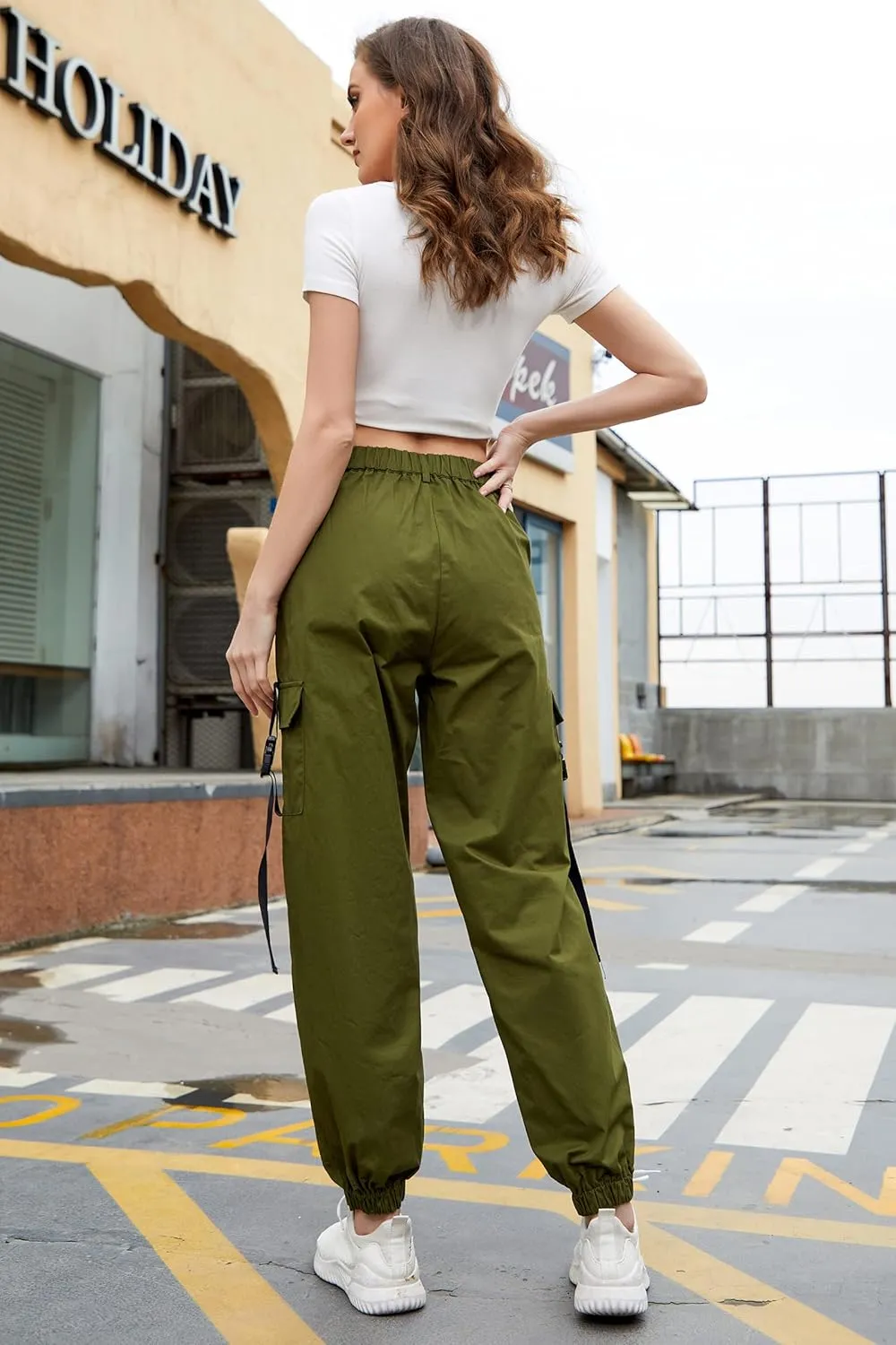 Womens High Waisted Black Cargo Pants with Pockets Baggy Solid Y2k Streetwear Pants