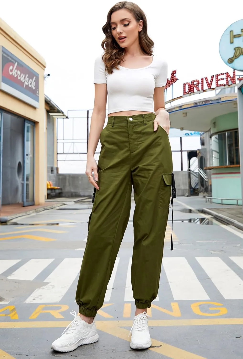 Womens High Waisted Black Cargo Pants with Pockets Baggy Solid Y2k Streetwear Pants