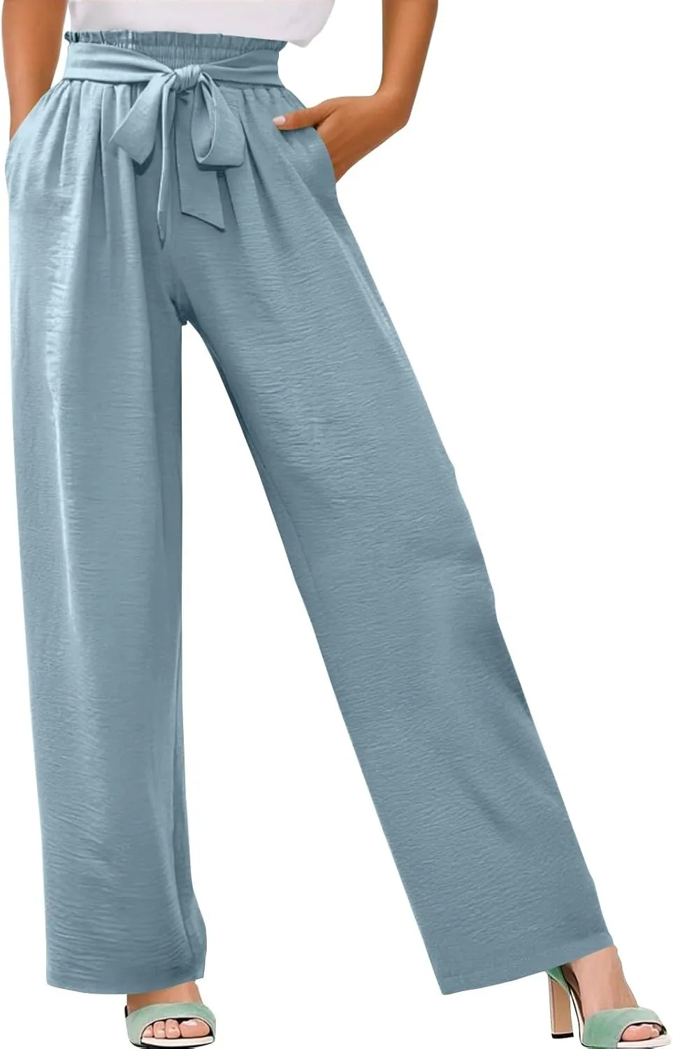 Women's Linen Cotton High Waist Straight Wide Leg Pants Adjustable Elastic Waist Palazzo Work Pants with Pockets