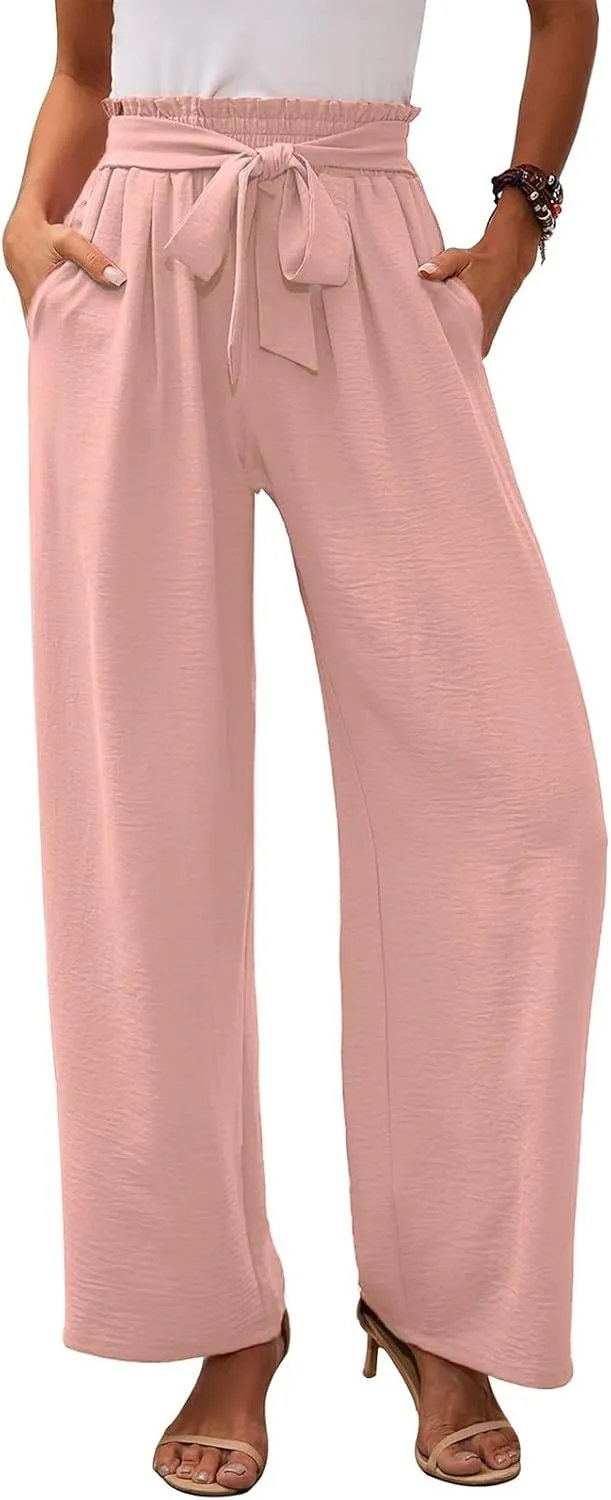 Women's Linen Cotton High Waist Straight Wide Leg Pants Adjustable Elastic Waist Palazzo Work Pants with Pockets