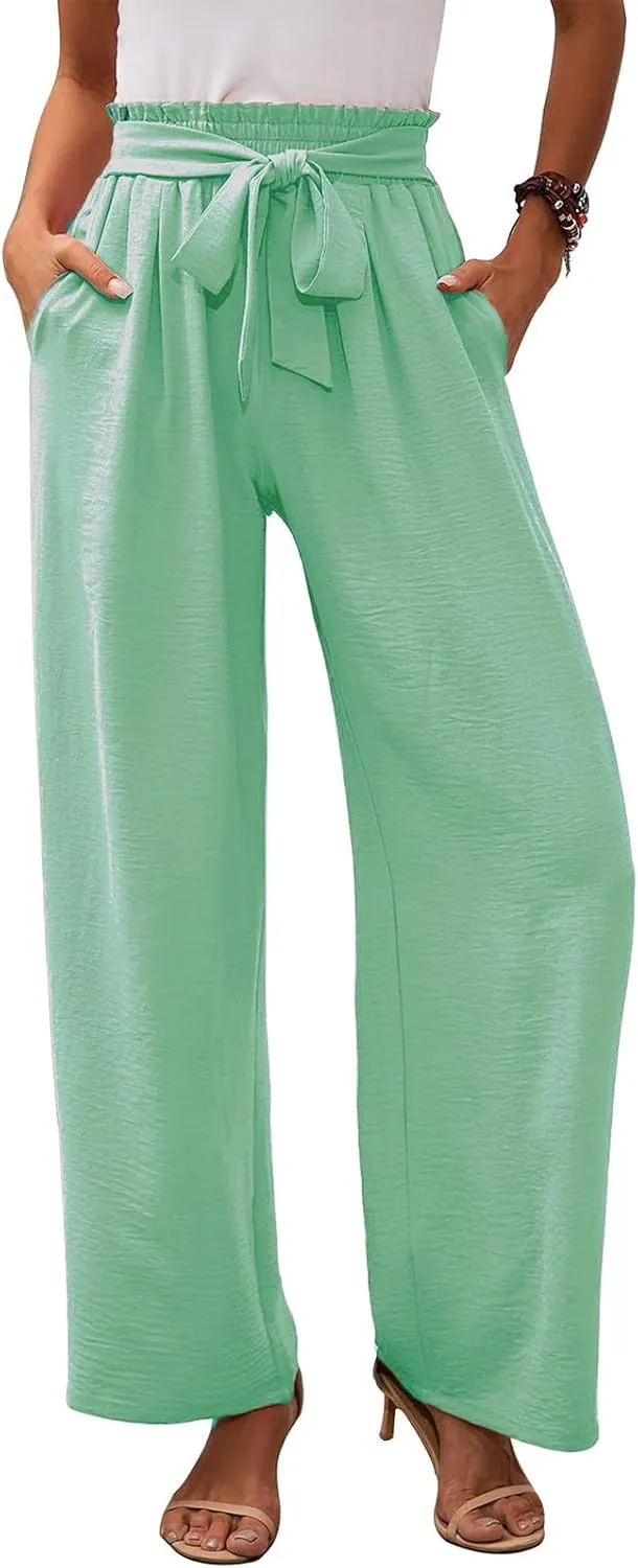 Women's Linen Cotton High Waist Straight Wide Leg Pants Adjustable Elastic Waist Palazzo Work Pants with Pockets