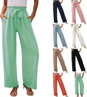 Women's Linen Cotton High Waist Straight Wide Leg Pants Adjustable Elastic Waist Palazzo Work Pants with Pockets