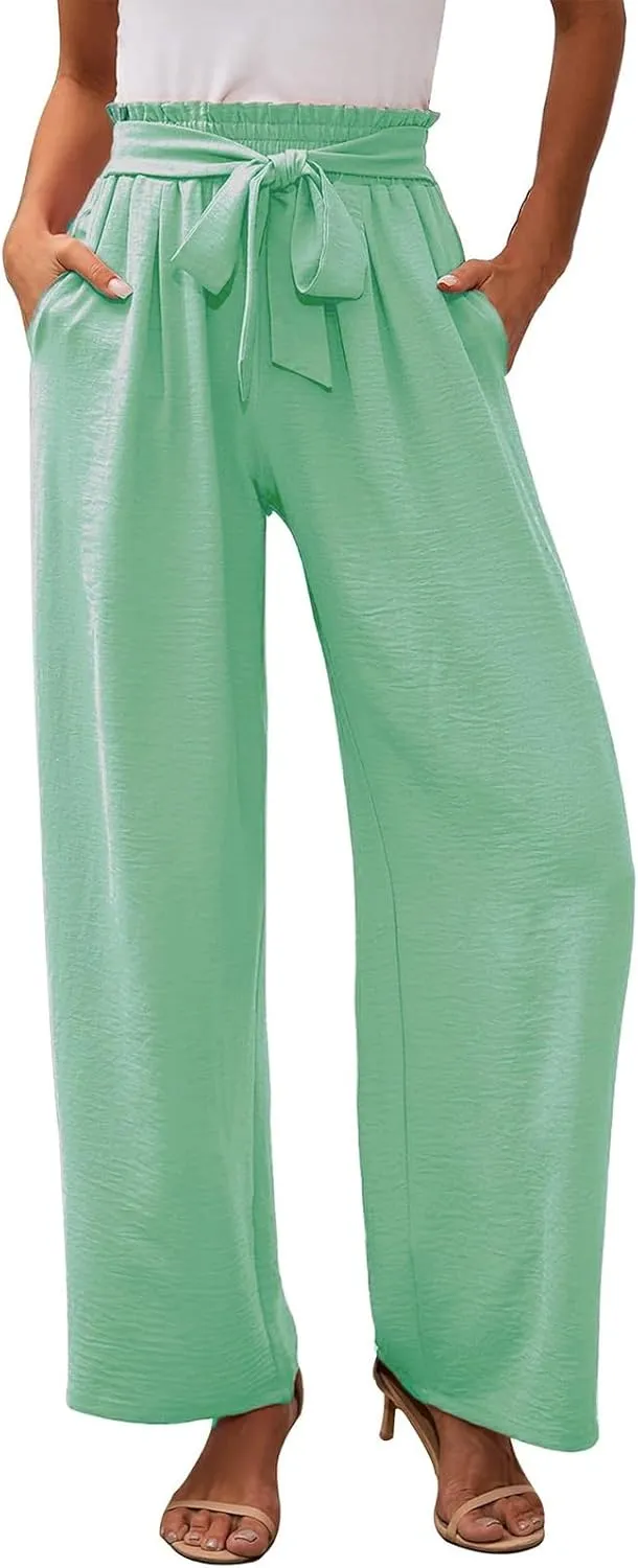 Women's Linen Cotton High Waist Straight Wide Leg Pants Adjustable Elastic Waist Palazzo Work Pants with Pockets