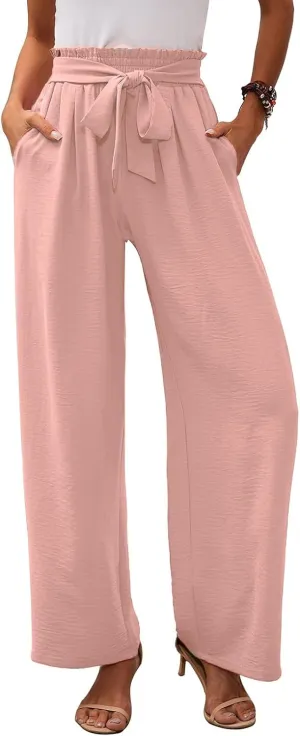 Women's Linen Cotton High Waist Straight Wide Leg Pants Adjustable Elastic Waist Palazzo Work Pants with Pockets