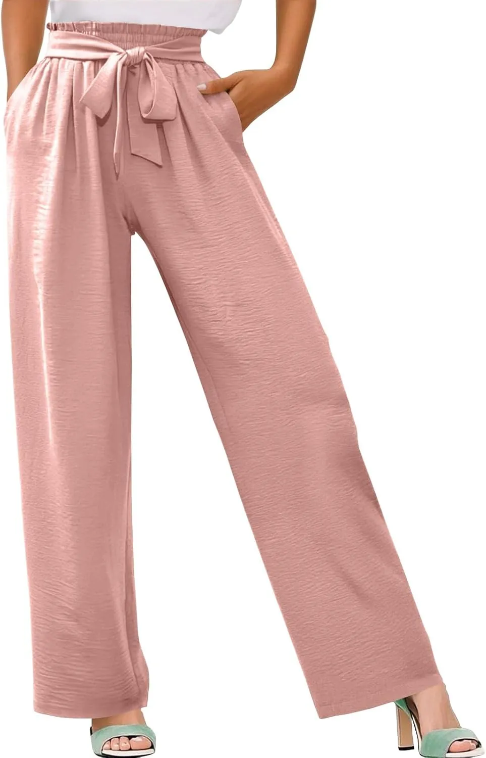 Women's Linen Cotton High Waist Straight Wide Leg Pants Adjustable Elastic Waist Palazzo Work Pants with Pockets