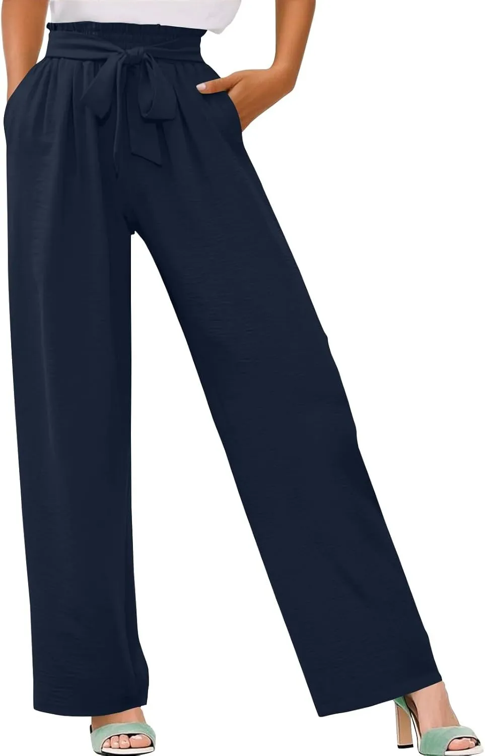 Women's Linen Cotton High Waist Straight Wide Leg Pants Adjustable Elastic Waist Palazzo Work Pants with Pockets