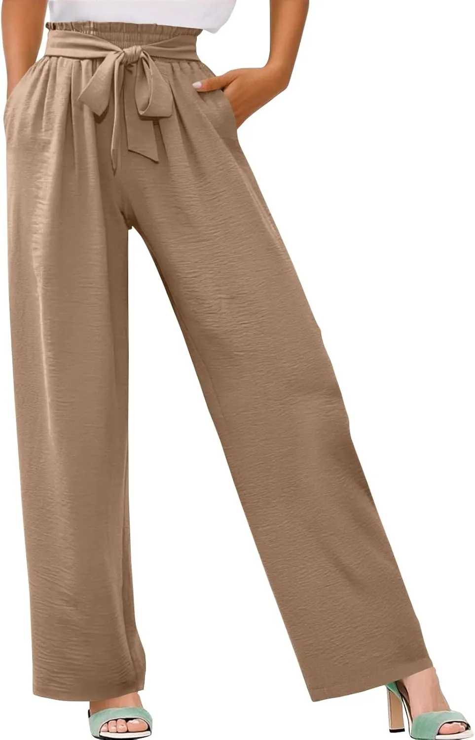 Women's Linen Cotton High Waist Straight Wide Leg Pants Adjustable Elastic Waist Palazzo Work Pants with Pockets