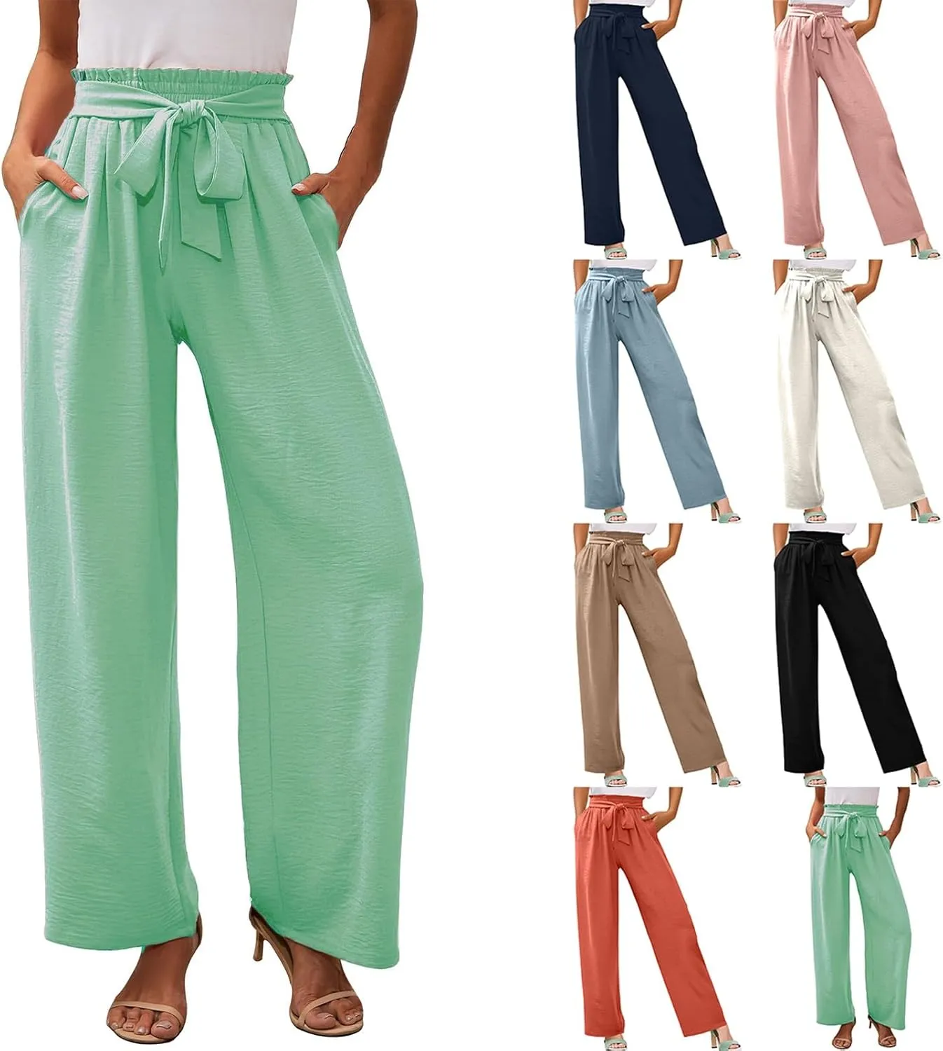 Women's Linen Cotton High Waist Straight Wide Leg Pants Adjustable Elastic Waist Palazzo Work Pants with Pockets