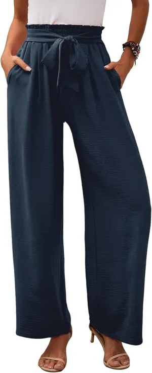 Women's Linen Cotton High Waist Straight Wide Leg Pants Adjustable Elastic Waist Palazzo Work Pants with Pockets