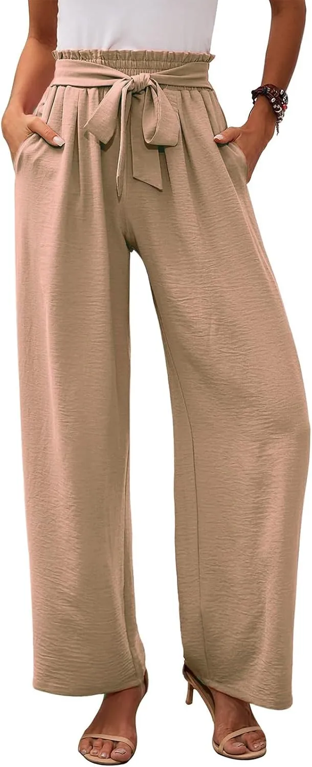 Women's Linen Cotton High Waist Straight Wide Leg Pants Adjustable Elastic Waist Palazzo Work Pants with Pockets