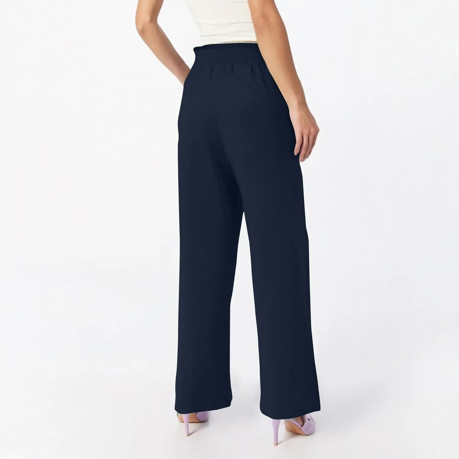 Women's Linen Cotton High Waist Straight Wide Leg Pants Adjustable Elastic Waist Palazzo Work Pants with Pockets
