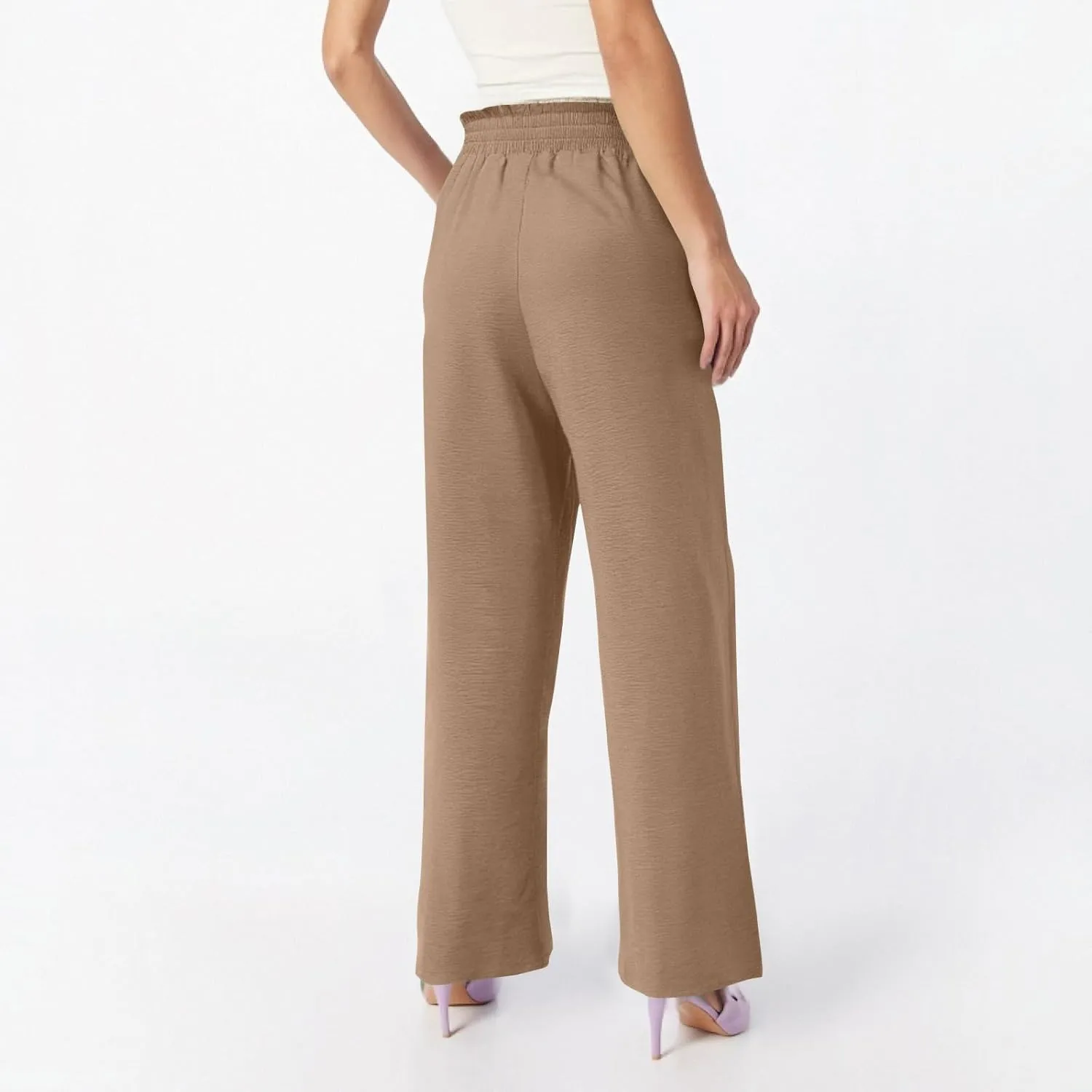 Women's Linen Cotton High Waist Straight Wide Leg Pants Adjustable Elastic Waist Palazzo Work Pants with Pockets