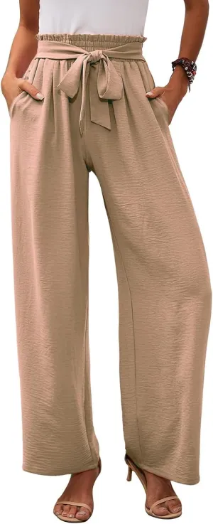 Women's Linen Cotton High Waist Straight Wide Leg Pants Adjustable Elastic Waist Palazzo Work Pants with Pockets