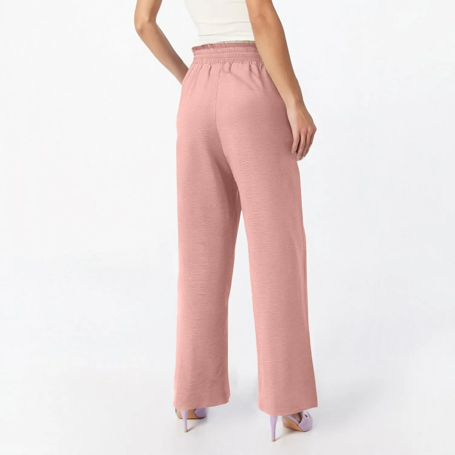 Women's Linen Cotton High Waist Straight Wide Leg Pants Adjustable Elastic Waist Palazzo Work Pants with Pockets