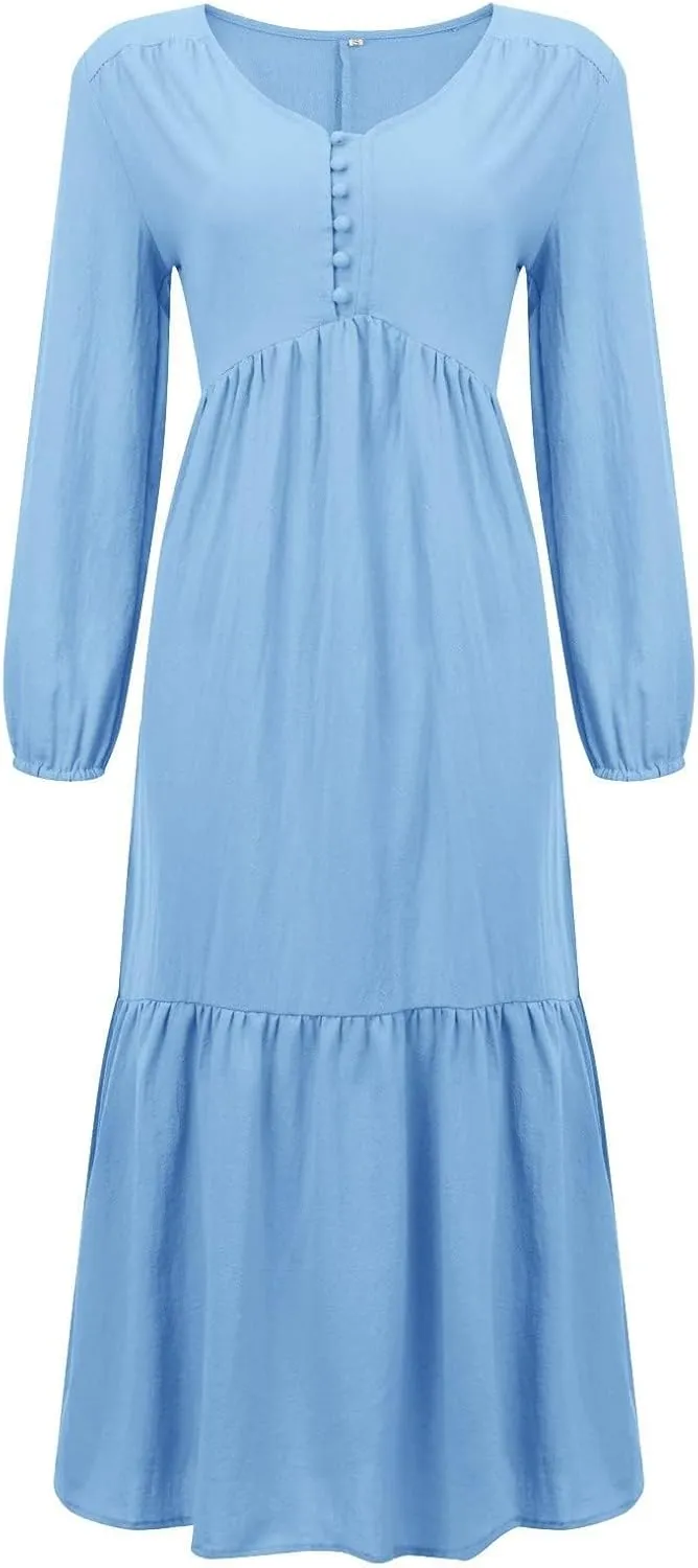 Womens Linen Dresses Casual Loose Button V Neck Pleated Dress Trendy Ruffle Tiered Long Sleeve Maxi Dress