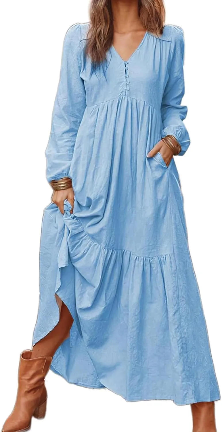Womens Linen Dresses Casual Loose Button V Neck Pleated Dress Trendy Ruffle Tiered Long Sleeve Maxi Dress