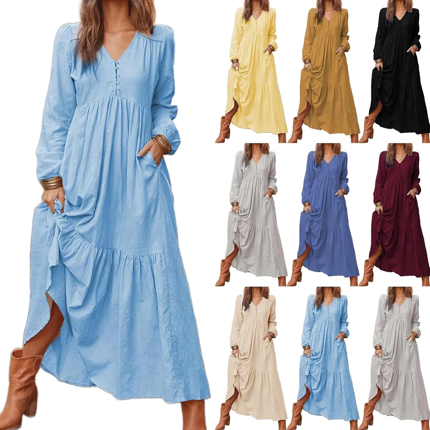 Womens Linen Dresses Casual Loose Button V Neck Pleated Dress Trendy Ruffle Tiered Long Sleeve Maxi Dress