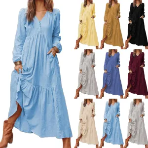 Womens Linen Dresses Casual Loose Button V Neck Pleated Dress Trendy Ruffle Tiered Long Sleeve Maxi Dress