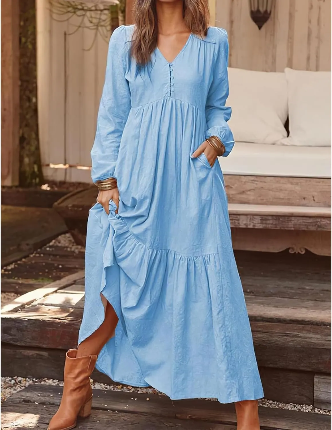 Womens Linen Dresses Casual Loose Button V Neck Pleated Dress Trendy Ruffle Tiered Long Sleeve Maxi Dress