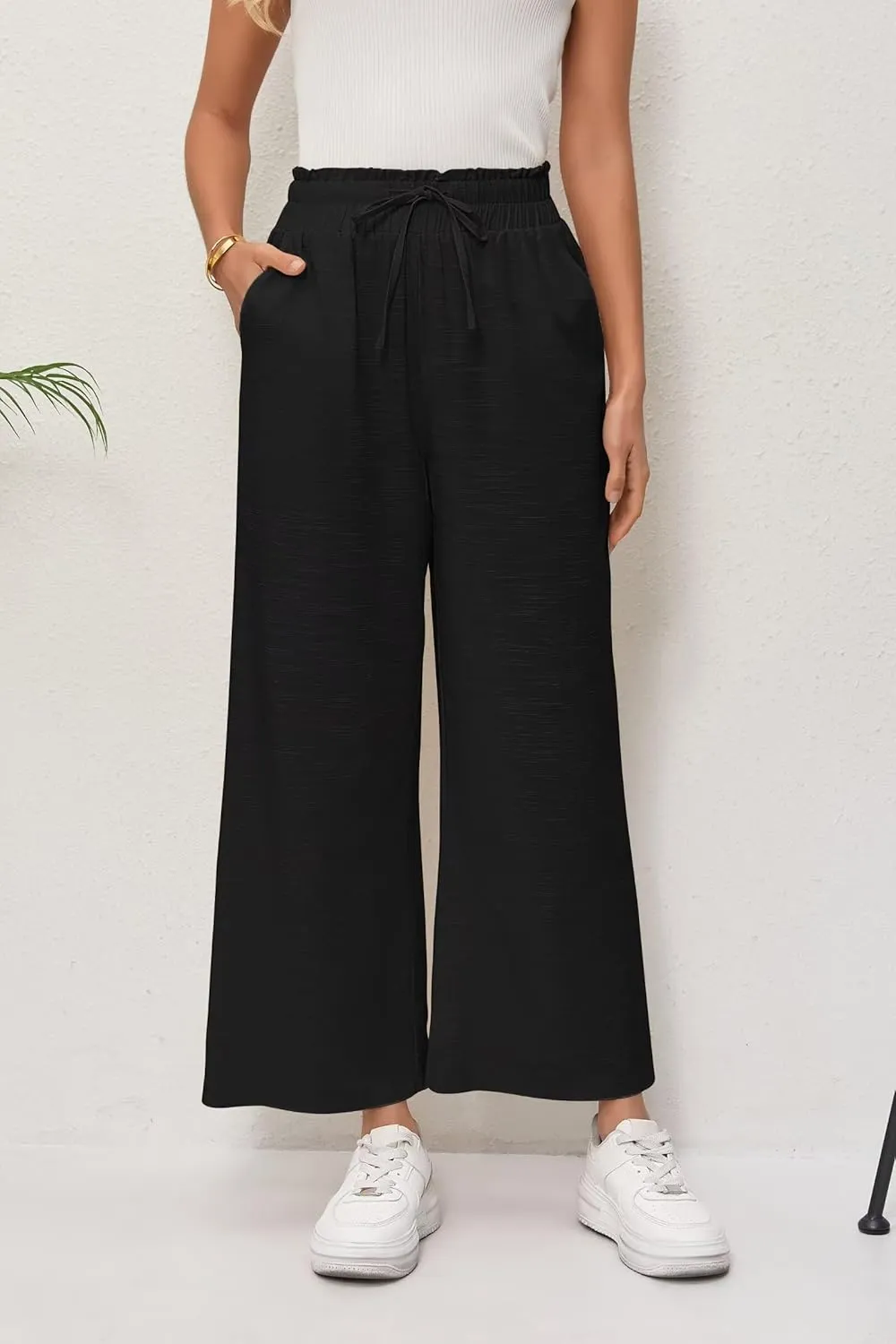 Women's Linen Pants Relaxed Fit High Waisted Boho Chic Ankle Pants Summer Beach Vacation Wide Leg Trousers