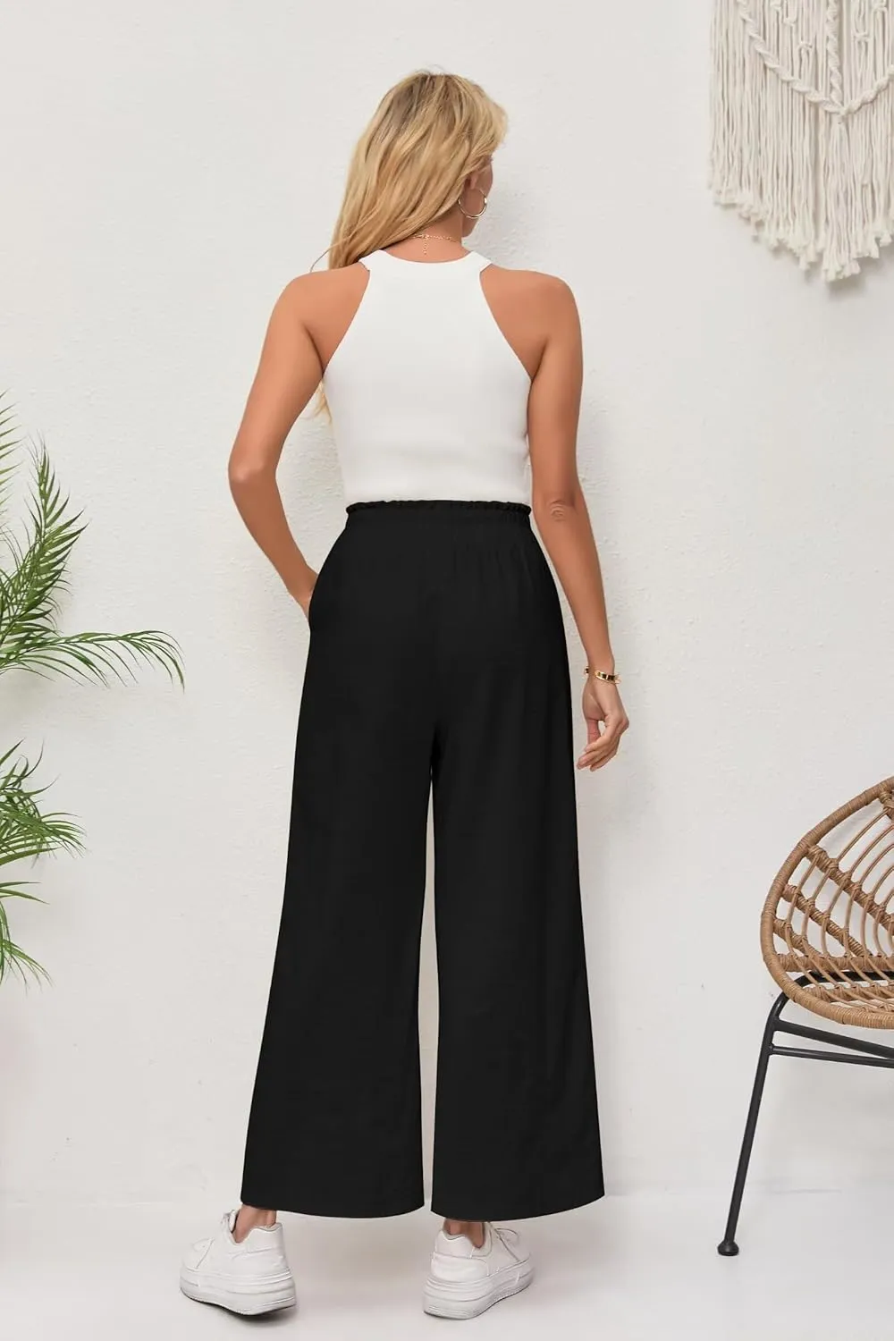 Women's Linen Pants Relaxed Fit High Waisted Boho Chic Ankle Pants Summer Beach Vacation Wide Leg Trousers