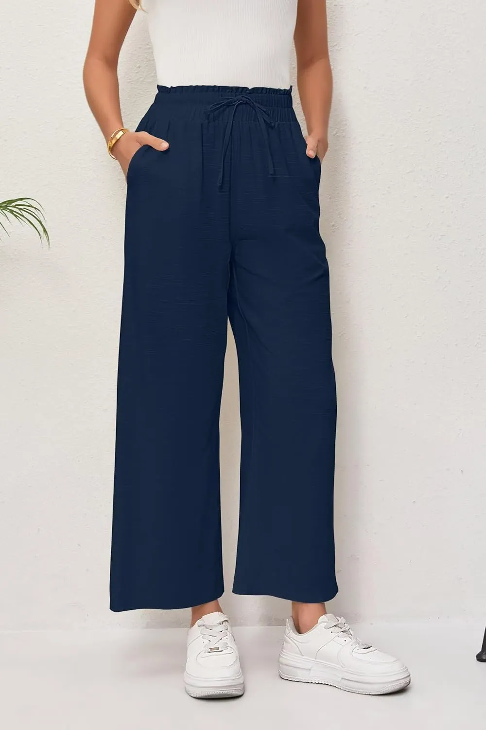 Women's Linen Pants Relaxed Fit High Waisted Boho Chic Ankle Pants Summer Beach Vacation Wide Leg Trousers